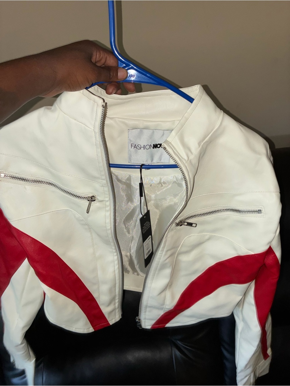 Fashion Nova White and Red Cropped Moto Jacket